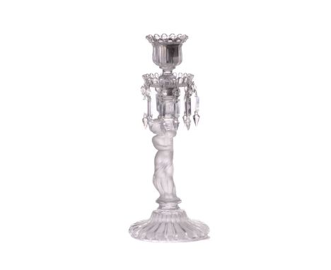 A Baccarat crystal glass candlestick, with frosted glass figural column, lustre drops, on a spreading circular foot, 38 cm hi