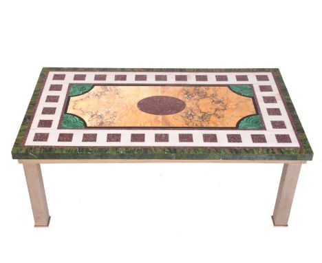 A "mid-century vintage" rectangular inlaid marble-topped coffee table inset with sienna, malachite and porphyry effect panels