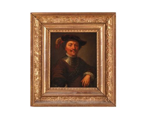 17th Century Dutch School style, half-length portrait of a gentleman in a feathered red velvet beret and gorget, unsigned, oi