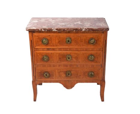 A French Louis XVI marble-topped parquetry inlaid provincial walnut commode, late 18th century, fitted three long drawers sup