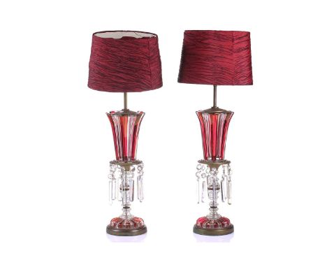 A pair of "Mid-Century Vintage" Italian ruby flashed and clear glass table lamps, 1970s (?) of fluted trumpet form with gilt 