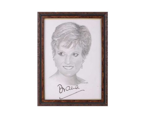 Diana Spencer: a hand-signed pencil portrait sketch on paper (by an amateur hand), dated 1996, 28.5 cm x 20 cm framed and gla