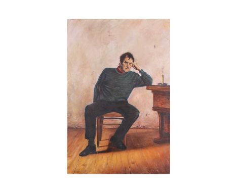 Darren Baker (b.1976), 'Allegory of Resignation' - Portrait of a seated man with a candle, unsigned, oil on canvas, 84 x 56 c