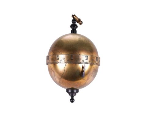 Thwaites &amp; Reed; a gilt brass gravity-powered falling globe clock with its associated mahogany mounting board with suspen