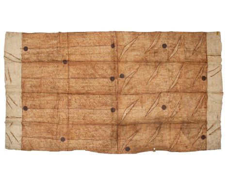 Of historical Australian interest; an Aboriginal bark cloth blanket (?), late 19th century painted with earth pigments in pan