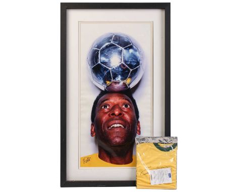 A large Pelé (1940-2022) signed print, after Marc Quinn (b.1954), photographic portrait of Pelé balancing a silver ball on hi