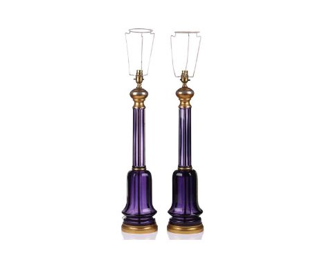 A pair of large Victorian-style amethyst glass and gilt brass column table lamps, 20th-century each of panelled cylindrical f