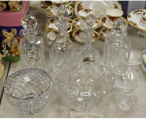 Glassware - a Sherry decanter; two square decanters; another; a bowl etc, one hung with a silver Brandy bottle label