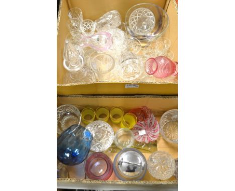 Glassware - an 1830's decanter, a twist stem pin dish, Webb Corbett drinking glasses, coloured and cut glassware