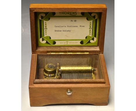 A Swiss walnut music box, by Thorens, brass cylinder playing on a one-piece comb, tune sheet inscribed No.25, Cavalleria Rust