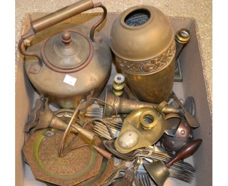 A copper kettle; brass Roman lamp; pair of candlesticks; brass vase etc