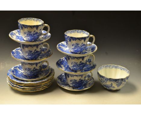 A Royal Crown Derby Blue Aves pattern six setting tea service, comprising six cups, six saucers, six side plates, a sugar bow