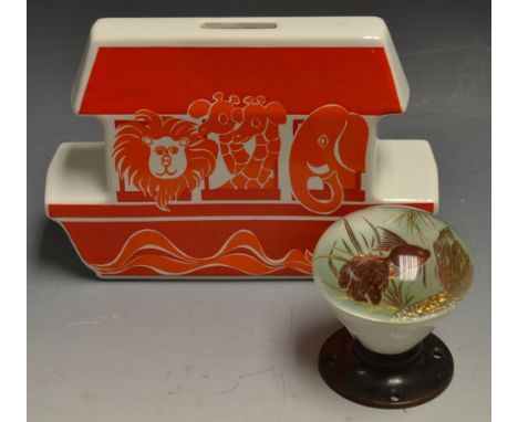 A 1970's Carlton ware novelty money box as Noahs Ark, printed marks, a fish bowl glass door handle