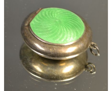 An Art Deco silver rouge pot, the hinged cover with green guilloche enamel, mirrored interior, hallmarked