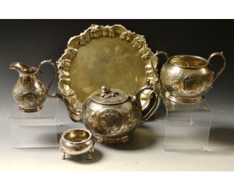 Silver plate- a Victorian globular three piece tea service, a salver etc. 