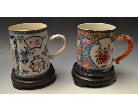 An 18th century Chinese cylindrical mug, enamelled in the Mandarin  palette with Chinese figures and junk, the ground with sc