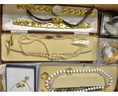 Jewellery - a 9ct gold locket pendant on chain; a rolled gold hinge bangle; a seed pearl single strand necklace, silver clasp