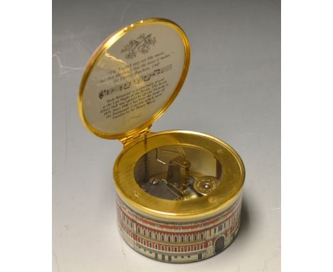 A Halcyon Days Bilston & Battersea revival enamel circular novelty table music box, in the form of the Royal Albert Hall
