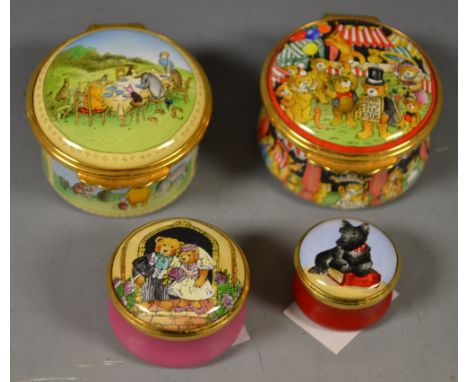 A Halcyon Days Bilston & Battersea revival enamel circular box, Winnie the Pooh; another, Come to the Fair; others, (4) 
