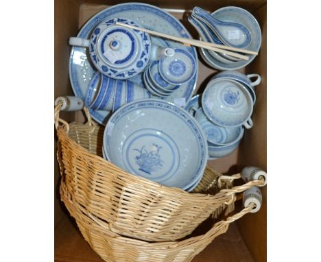 A Chinese blue and white dinner and tea service, including plates, tea bowls, rice bowls, cups and saucers, etc; a similar te