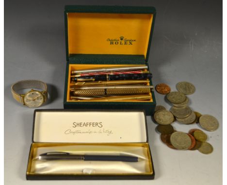 A Montblanc Meisterstuck no.82 fountain pen; a Wyvern perfect pen, no.81, 14ct gold nib; a Parker rolled gold biro pen; a She