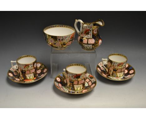 A Derby Samson Hancock Imari milk and sugar, two tea cups and saucers; another, with faults