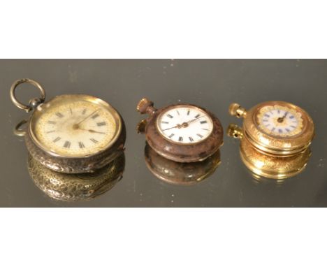 Watches-a Lady's 14ct gold fob watch, enamel dial, Roman numerals,  button wind movement, stamped 14k, a 935 silver fob watch
