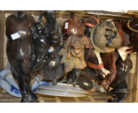 A modern ceramic horse model, other cart horses, a pair of Japanese egg shell plates, etc