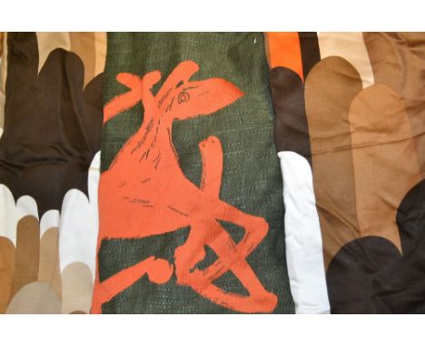 Textiles - a pair of retro curtains in the style of Barbara Brown, bold design orange, brown and cream; large curtain 1960's 