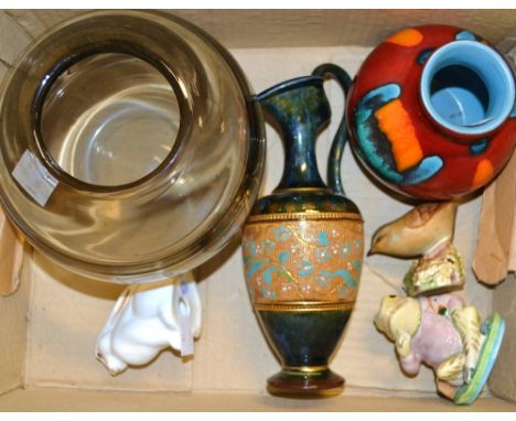 Ceramics and Glass, a Royal Doulton ewer, a Royal Worcester Hedge Sparrow, a Royal Albert Jeremy Fisher, Poole vase, etc. (6)
