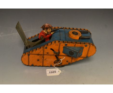 Juvenalia - a Louis Marx tin-plate clockwork tank with animated rifleman, printed marks