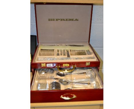 An extensive Prima Carisbrooke pattern canteen, comprising table knives and forks, soup ladle, sauce ladles, salad servers, e