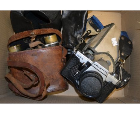Camers and Bincoulars - a pair of Colmont French field glasses; a Praktica MTC 3 SLR camera; sun lens; a Paragon 200mm; a Bro