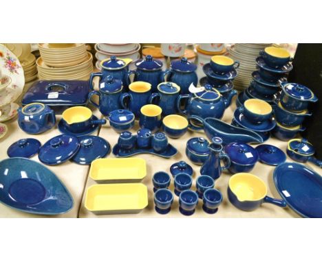 A large and complete Denby cottage blue dinner and tea service, tea pot, hot water jug, rectangular vegetable dish and cover,