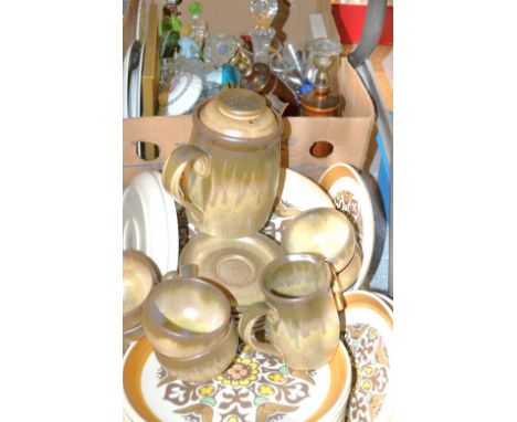 Ceramics and glass-Langley Canterbury dinner ware, Denby Romany coffee set, decanter, biscuit barrel, a pair of turned candle
