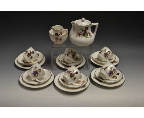 A Staffordshire nursery ware tea set for six, transfer printed with comical characters