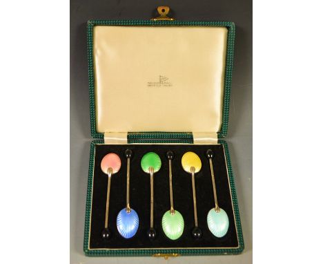 A set of six Walker and Hall enamel teaspoons