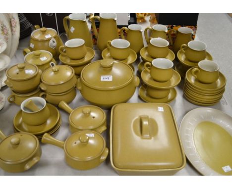 A Denby Ode pattern dinner and tea set, comprising rectangular vegetable dish and cover; graduated jugs; tepot; casserole dis