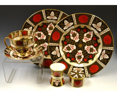 A pair of Abbeydale Chrysanthemum pattern dinner plates; a breakfast cup and saucer; waisted cylindrical vase; trinket pot an