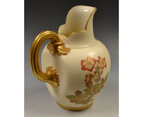 A Royal Worcester globular blush ivory jug, painted and printed with flowers, printed marks 