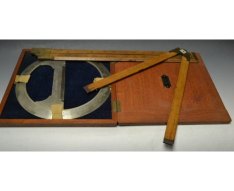 Engineering - a silvered protractor, W H Harding of London, mahogany case, two sliding rules (3)