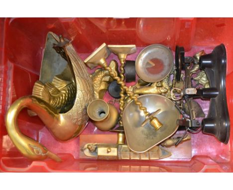 Metalware - a reproduction set of Salters scales and bell weights, brass swan, candlesticks, canal barge, etc