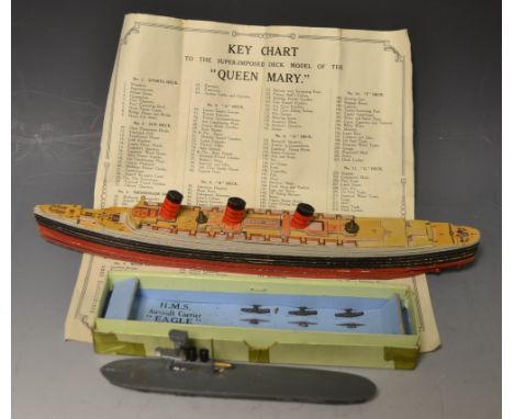 Juvenallia - a Crescent Toys HMS Aircraft Carrier Eagle 22, 600 Tons boxed; a Chad Valley Take To Pieces Model, ship, RMS Que