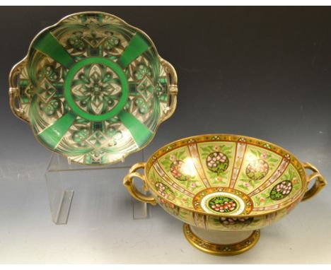  A Japanese Noritake twin handle pedestal fruit bowl, decorated with flowers and foliage, printed marks; a twin handled bowl 