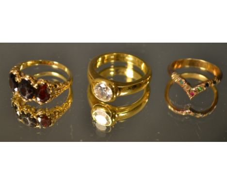 A Blue John oval panel ring, 9ct gold shank;  a smoky quartz dress ring, 9ct gold shank;  a paste cluster ring, 9ct gold shan