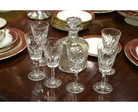 A set of six Waterford Crystal sherry glasses, acid etched marks; a miniature mallet shaped decanter