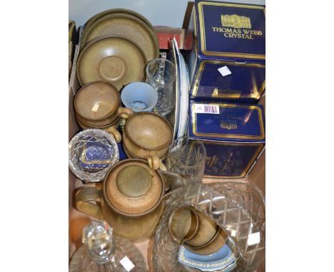 Ceramics and Glass - a Thomas Webb decanter, boxed; a matching suite of Thomas Webb glasses, boxed; Denby cups, saucers, milk