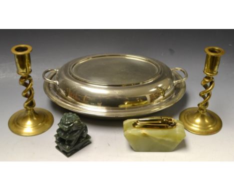 Boxes and Objects-a green Jade carving of a dog of Fo; an onyx table lighter; a pair of brass candlesticks; an oval EPNS entr