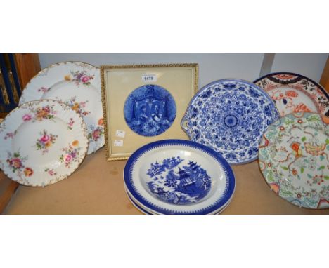 A set of three Royal Worcester blue and white Willow pattern soup dishes, impressed and printed marks, c.1900; a Royal Crown 