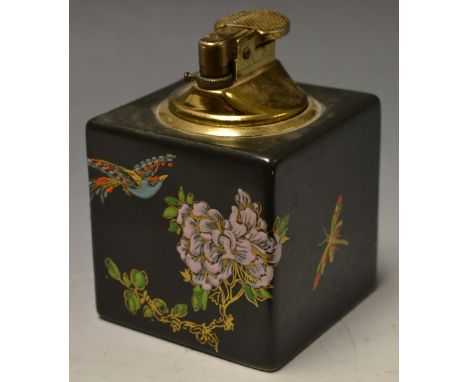 A Carlton Ware square shaped table lighter, applied with brightly enamelled fanciful birds and insects on matt black ground, 